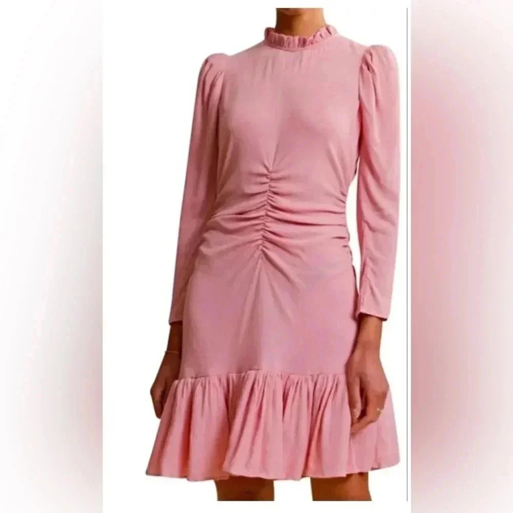 NEW $388 BYTIMO Pink Ruffle Collar Long Sleeve Minidress Sz Medium